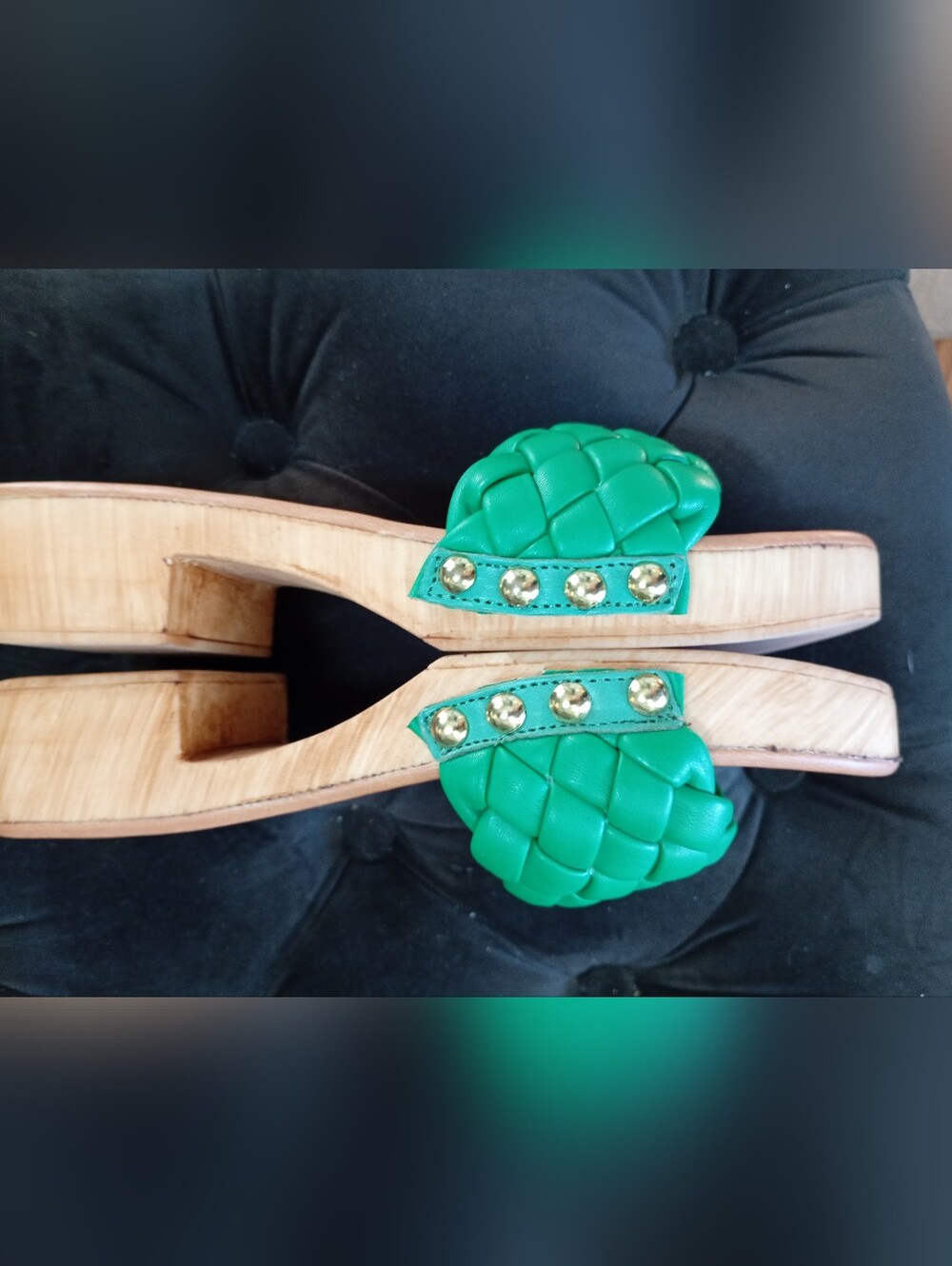 Steve Madden ~ Green Braided Slide Sandals Tan Footbed Wooden Heel (40)💚